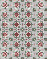 Red and green floral geometric pattern with star shapes and dotted accents on light gray background, creating festive and harmonious decorative design
