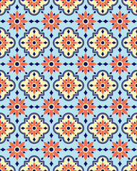 Floral geometric pattern with orange and yellow flowers on blue background, featuring symmetrical shapes and decorative elements creating vibrant and elegant design