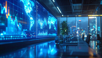 Data Analysis Hub: A high-tech data analysis center, the image reveals intricate global maps and charts on large display screens, offering a futuristic view of modern technology