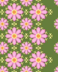 Pink flower pattern with yellow decorative swirls on green background, creating cheerful and vibrant seamless design perfect for textiles or wallpapers