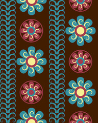 Retro floral pattern with blue and maroon flowers on dark brown background, featuring symmetrical decorative elements and swirling yellow accents for vintage feel