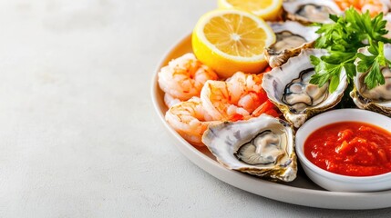 Luxurious seafood platter featuring a selection of fresh succulent oysters juicy shrimp and vibrant lemon slices artfully arranged on a neutral backdrop