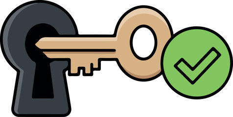 Key unlocking security concept with green checkmark for success and access.
