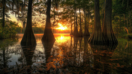 Golden sunset light filters through cypress trees reflecting on calm swamp water