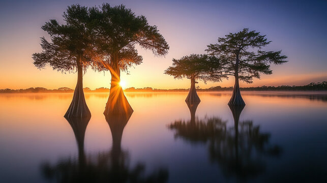 Serene cypress trees reflected in calm water during a vibrant sunset