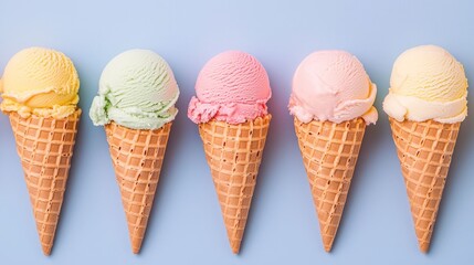 Beautifully Crafted Pastel Hued Ice Cream Cones Artfully Arranged Exuding a Sense of Irresistible Creaminess and Visual Delight  This Inviting Display Sparks Nostalgic Memories and Entices the Senses