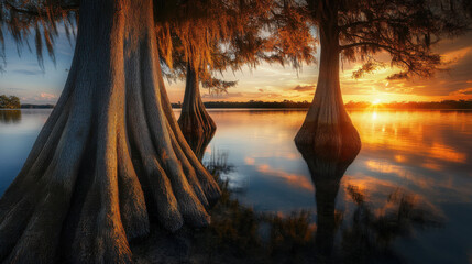 Majestic cypress trees stand silhouetted against a fiery sunset reflected in calm water
