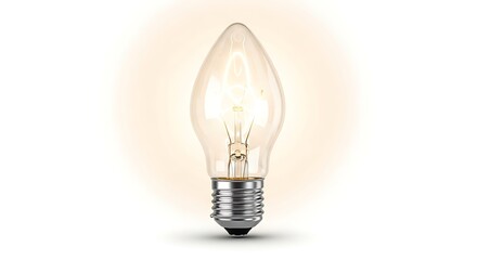 A clear incandescent light bulb with a pointed tip, emitting a warm, soft glow against a blurred background.
