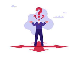 Concept of decision making and choices success in goal, businessman with choice arrows and navigation arrow on the surface