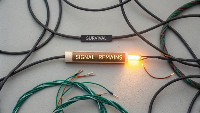 Abstract depiction of survival theme with illuminated signal remains in tangled wires on a textured surface