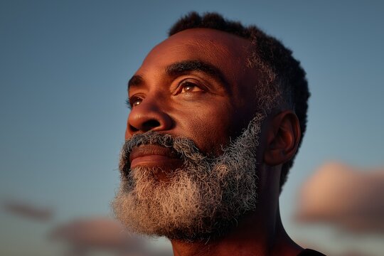 Dark skinned man with black and white beard standing in sunlight looking upward