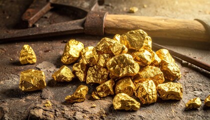 Close-up of shiny gold nuggets on a rustic workbench with tools, evoking mining and treasure themes
