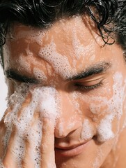 Latin man washing face with foam cleanser, hand rubbing lather, male skincare product ad