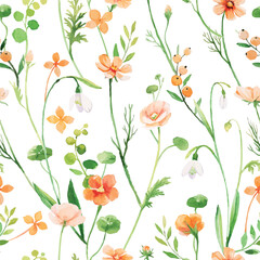 Orange Flower Seamless Pattern. floral background featuring a variety of wildflowers in a watercolor style. Bright and vibrant colors, perfect for fabric patterns, backgrounds, and gift wrap designs.