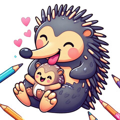 cute cartoon mother hedgehog lovingly hugs her happy baby, surrounded by hearts and colored pencils.
