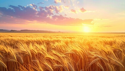 Obraz premium Golden wheat field under a vibrant sunset sky with clouds, evoking a serene rural landscape