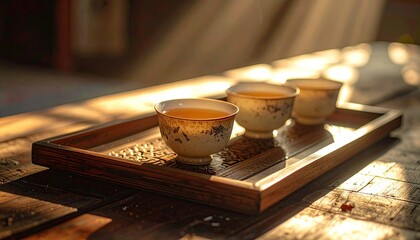 Three Teacups on Wooden Tray Filled with Golden Brown Liquid on Rustic Table Warm Light