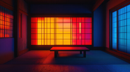 Tranquil japanese shoji screen illuminated by vibrant red and blue light in a dim room