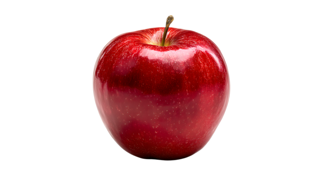 A single red apple with stem on a transparent background