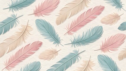 Fototapeta premium Feather Pattern in Pastel Paper Texture. Repeating pastel feathers over paper texture with subtle fringe shadows—elegant motif.