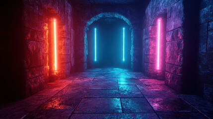 Dark stone corridor illuminated by vibrant red blue and pink neon lights