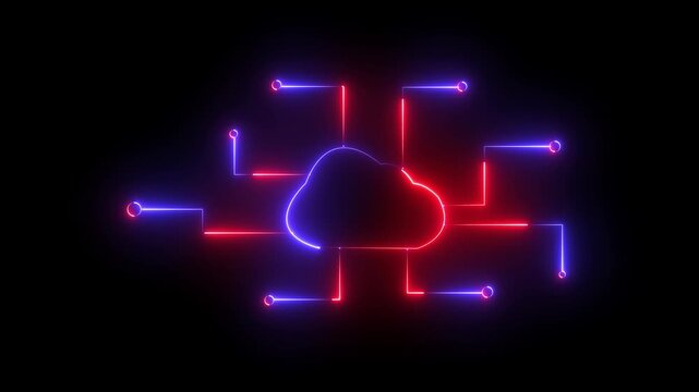 Neon cloud network connection with red and blue glowing lines on black background technology data