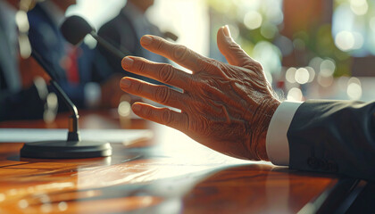 Eloquent Gesture: A close-up shot captures a hand gracefully gesturing near a microphone during a formal gathering, symbolizing effective communication and impactful speech.
