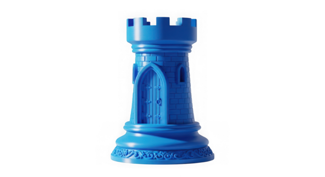 Blue rook chess piece isolated on transparent background in a studio shot
