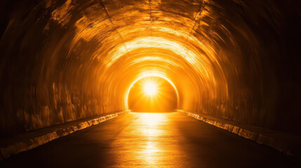Mysterious glowing tunnel with bright light at the end symbolizing hope and a new beginning