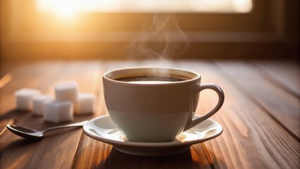 A steaming cup of coffee on a wooden table with sugar cubes, illuminated by warm sunlight.