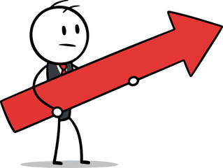 Stick figure man holding a large red arrow pointing upwards.