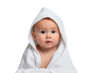 Adorable baby wrapped in cozy white towel on transparent background