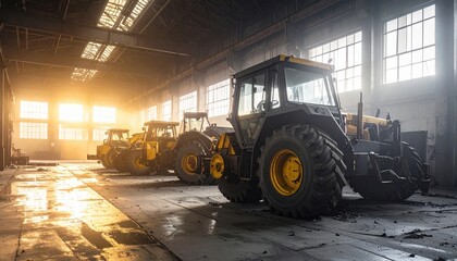 Heavy machinery lined up in a sunlit industrial warehouse, showcasing powerful tractors in action