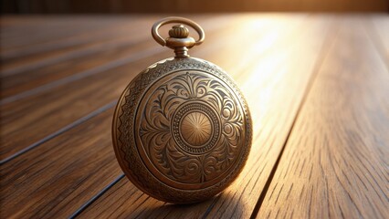 A vintage pocket watch rests on a wooden surface, showcasing intricate designs as warm light illuminates its polished surface.