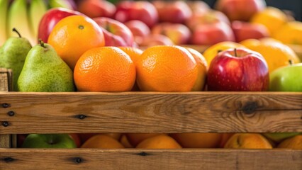 Fresh fruits displayed in a wooden crate, featuring oranges, apples, pears, and other colorful varieties, creating a vibrant market scene.