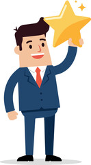 Successful businessman holding a golden star representing achievement and excellence in his career.
