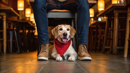 A dog with a red bandana sits on the floor in a cozy café between a person's legs, surrounded by warm lighting and wooden furniture.