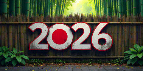 Vibrant 2026 Happy New Year Greeting Card with Graffiti Style Japan Flag on Weathered Brick Wall in Urban Alleyway at outedoor 2026 Happy New Year greeting card design.