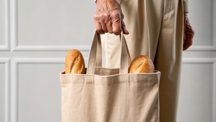 An elderly person's hand holds a tote bag with loaves of bread peeking out, showcasing a blend of age and daily life.