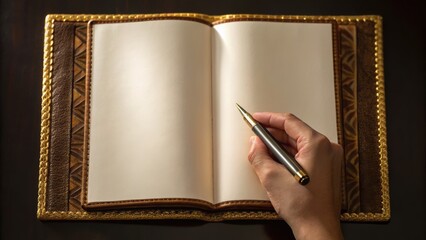 An open blank book rests on a decorative surface, with a hand holding a pen poised to write.
