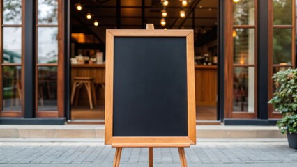 A wooden chalkboard stands outside a café, framed by large glass windows and warm lighting, inviting customers to explore its offerings.