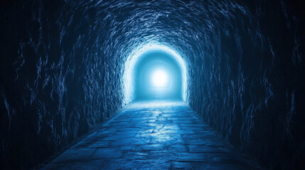 Mysterious glowing blue light at the end of a dark stone tunnel