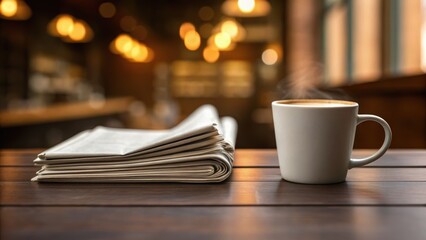 Cozy coffee scene with a steaming cup beside a stack of newspapers, set in a softly lit, inviting atmosphere.