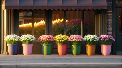Colorful flower pots line a storefront, showcasing vibrant blooms against a backdrop of warm, inviting lighting.