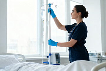 Nurse adjusting IV drip in hospital room