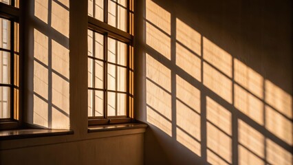 Sunlight casts patterned shadows through windows onto a wall, creating a warm and inviting atmosphere in the interior space.