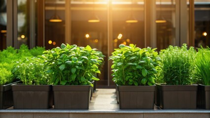 Lush green plants in black containers are arranged outdoors, illuminated by warm sunlight, creating a vibrant and inviting atmosphere.