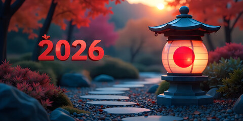 Vibrant 2026 Happy New Year Greeting Card with Graffiti Style Japan Flag on Weathered Brick Wall in Urban Alleyway at outedoor 2026 Happy New Year greeting card design.