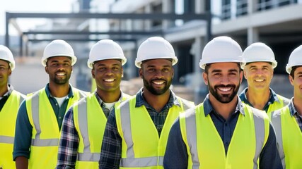 Engineer Group Wearing Safety Vest and Hard Hat Stand Outdoors at Construction Site Showing Teamwork, Confidence, and Professional Diverse Group