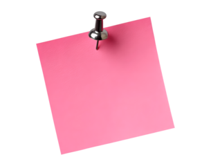 Blank pink sticky note with pushpin on transparent background